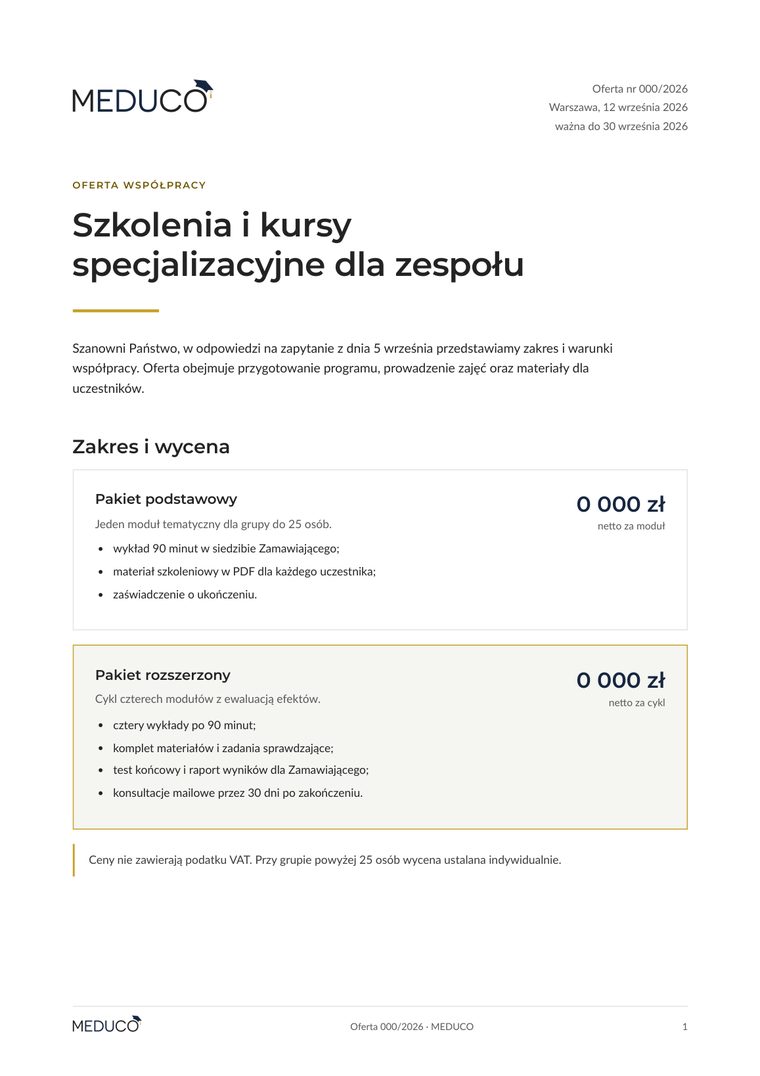 Pierwsza strona oferty handlowej MEDUCO z blokiem zakresu i wyceny.
